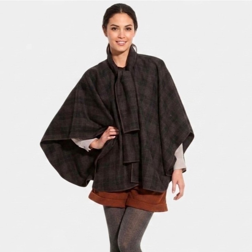 Aryn K Women's Cape Poncho Black/Brown Plaid Wool Blend Caplet size Medium-Large